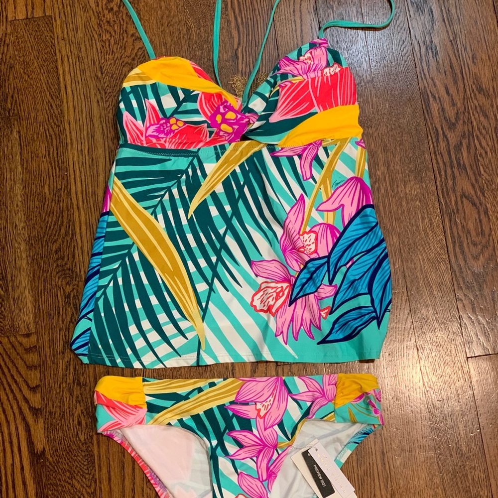 NWT Trina Turk Pink and Blue Tropical Floral Swim Tankini, Sz. 8